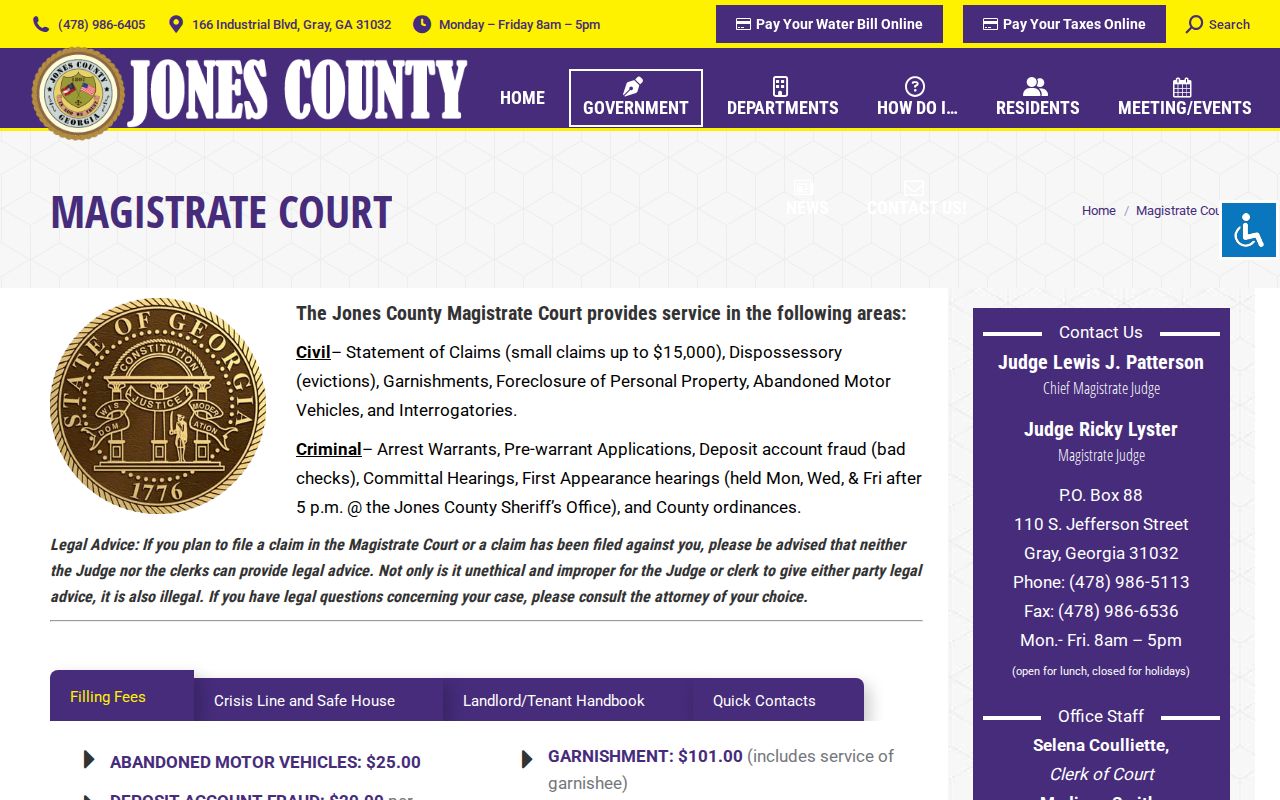 Jones County Magistrate Court page describing first appearances